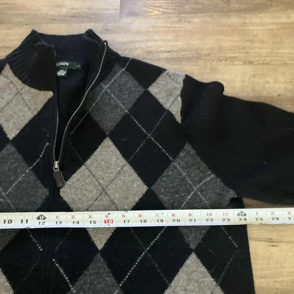 J. Crew Men's L 100% Lambs Wool Diamond Black Tan Full Zip Sweater Jacket